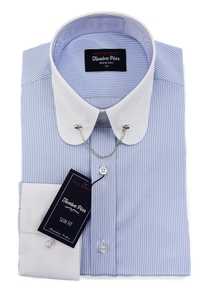Muckana: Blue White Penny Collar Slim Fit Shirt