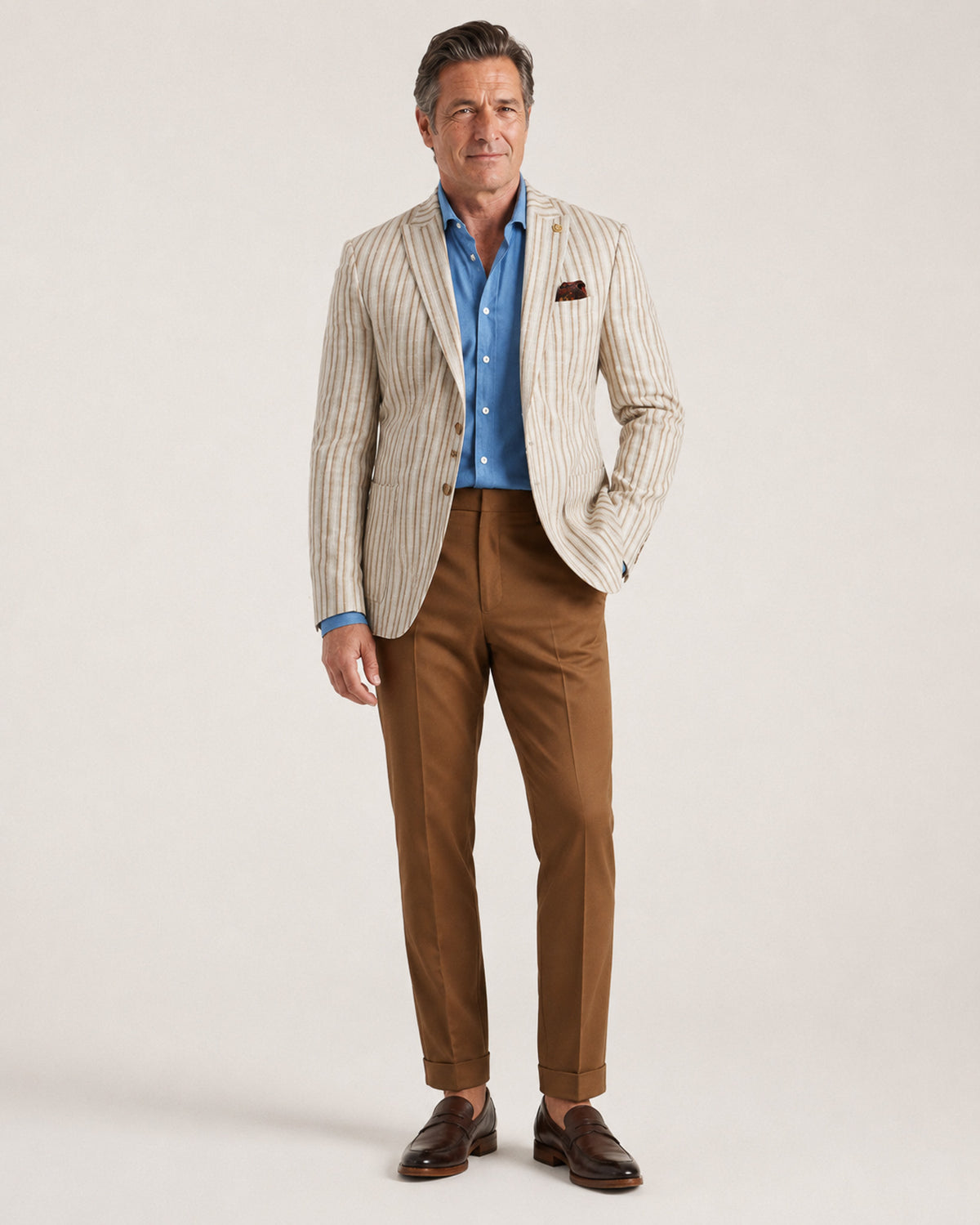 A man modeling a light beige and white vertically striped blazer, paired with brown trousers, a blue dress shirt, and brown leather loafers, against a solid off-white studio background.