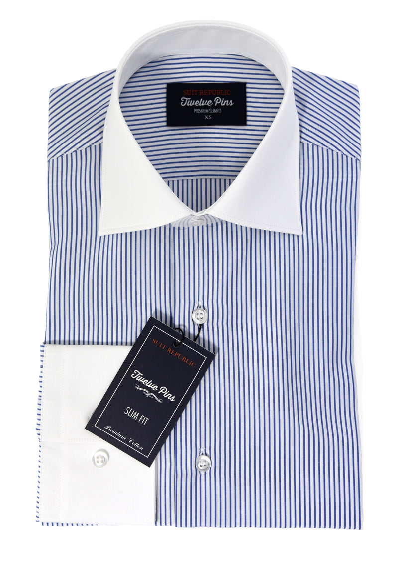 Bencullagh: Navy Stripe & White Collar Slim Fit Shirt
