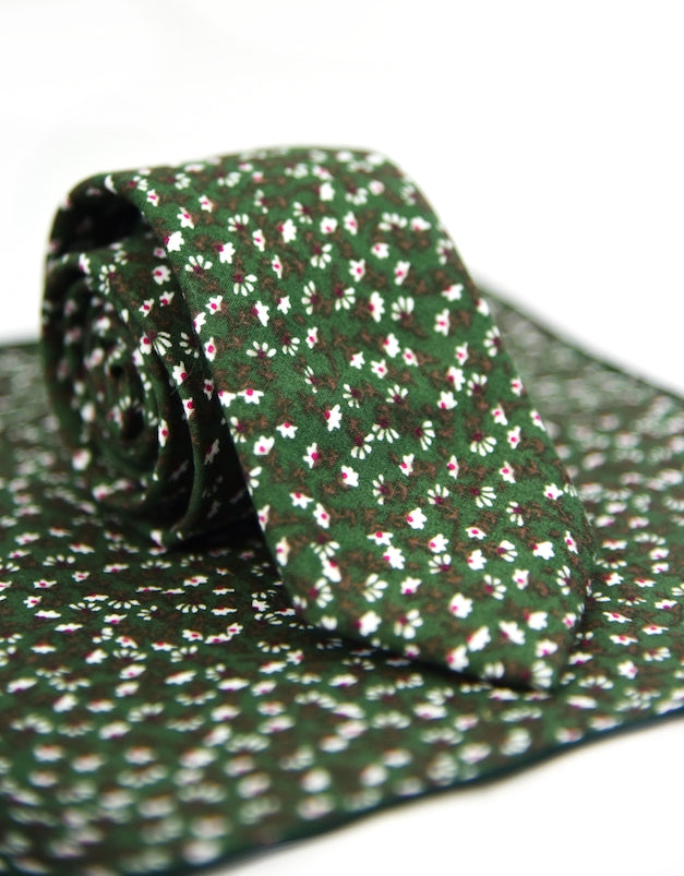 Boys Green Floral Tie & Pocket Square Set
