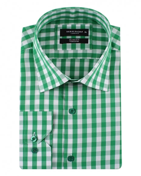 Makrom: Green & White Slim Fit Shirt